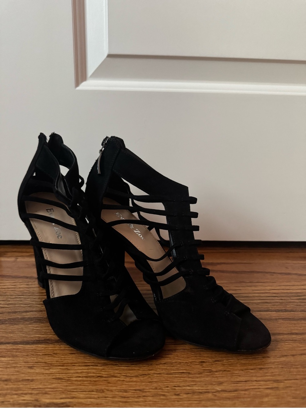 Women's Black Strappy High Heel Sandals with Back Zip